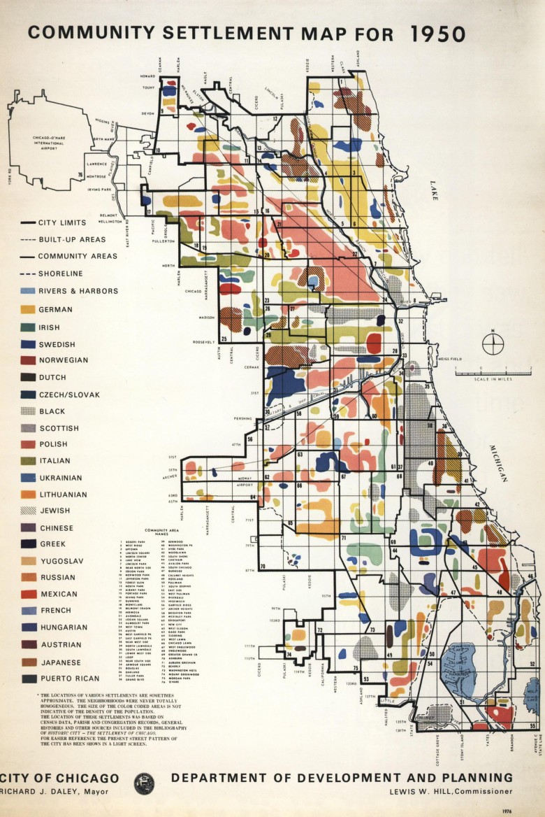 Mapa rasowa i etnicza (pochodzenie) Chicago, 1950
