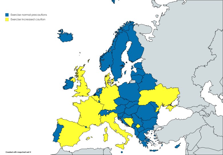 Ostrzeżenia dla podróżnych wydane przez rząd USA, Europa