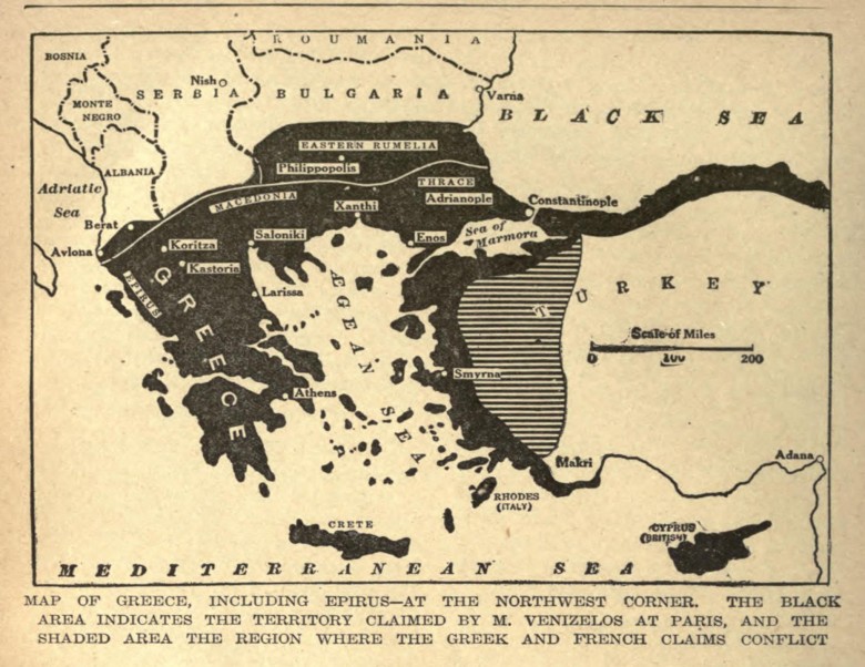Mapa Wielkiej Grecji zgłoszona przez Wenizelosa na konferencji pokojowej w Paryżu, 1919 r.