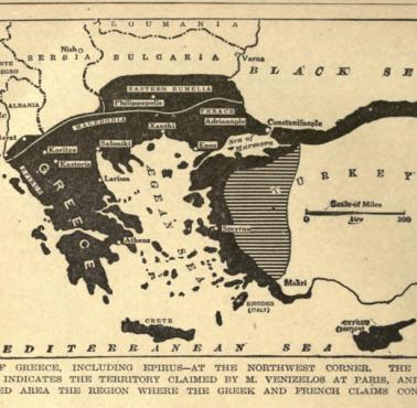 Mapa Wielkiej Grecji zgłoszona przez Wenizelosa na konferencji pokojowej w Paryżu, 1919 r.