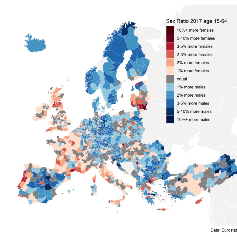 Stosunek płci w poszczególnych państwach Europy, 2017, 15-64