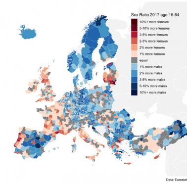 Stosunek płci w poszczególnych państwach Europy, 2017, 15-64