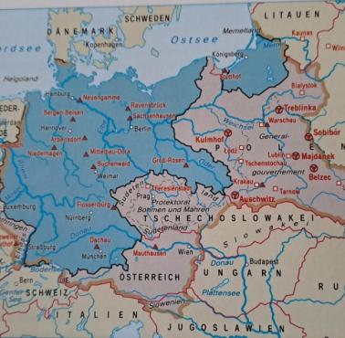 Niemieckie granice w 1937, 1938, 1942, w tym zaznaczono obozy koncentracyjne