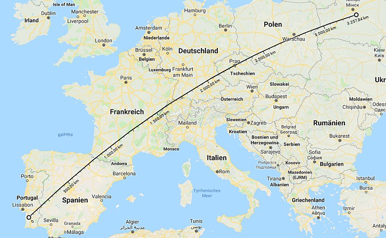 Odległość graniczna między USA a Meksykem w linii prostej w Europie