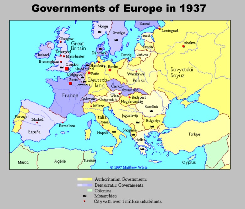 Mapa polityczna Europy z podziałem na rodzaje rządów w 1937 roku
