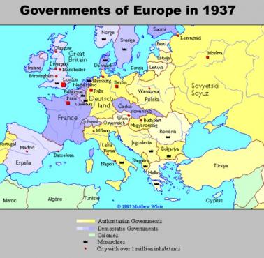 Mapa polityczna Europy z podziałem na rodzaje rządów w 1937 roku