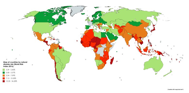 Mapa krajów według ryzyka klęsk żywiołowych (World Risk Index 2016)