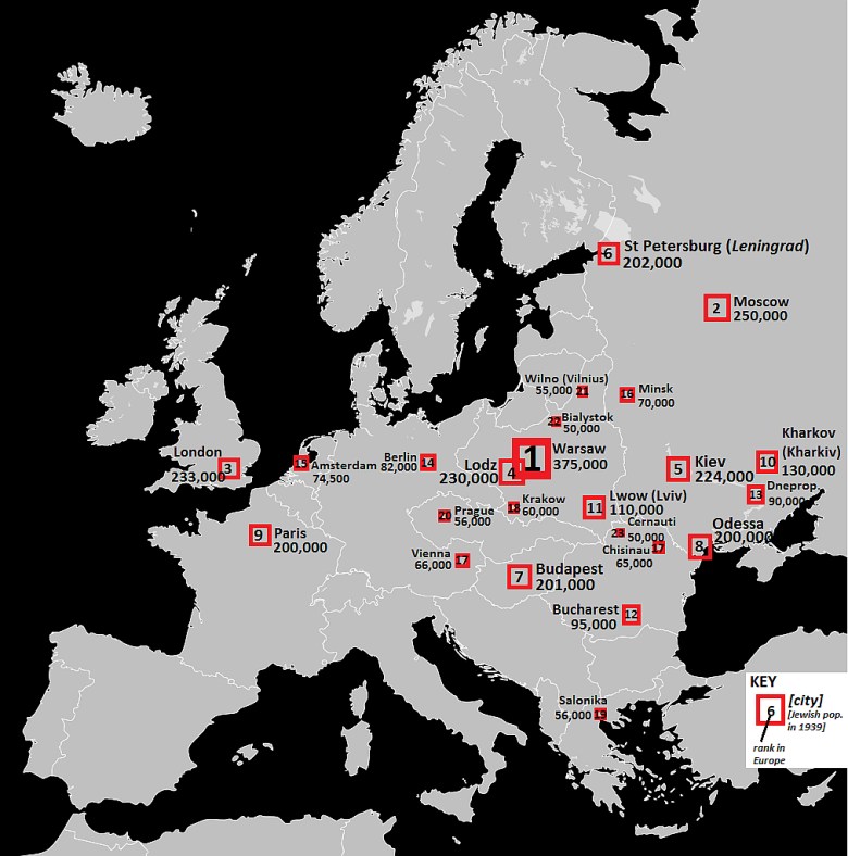 Mapa miast europejskich w rankingu ludności żydowskiej w 1939 roku
