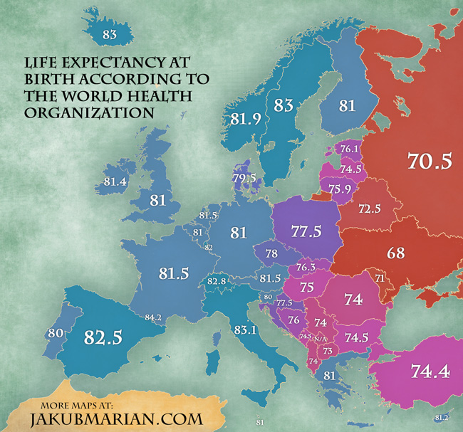 Średnia długość życia po porodzie w Europie według Światowej Organizacji Zdrowia (2012)