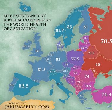 Średnia długość życia po porodzie w Europie według Światowej Organizacji Zdrowia (2012)