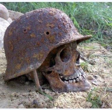 Odkopana czaszka niemieckiego żołnierza z czasów II wojny światowej