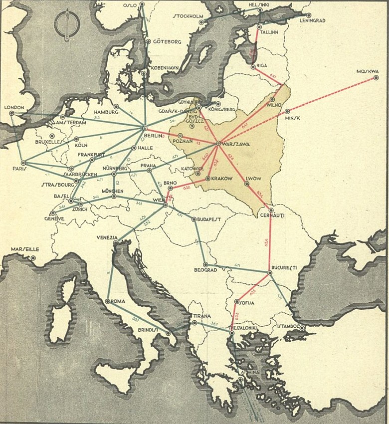 Mapa połączeń lotniczych obsługiwanych przez PLL LOT w 1934 roku