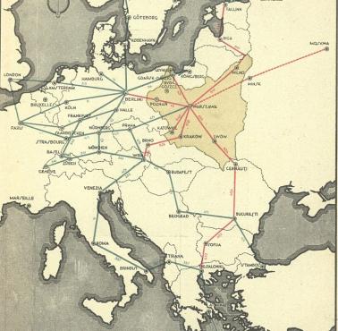 Mapa połączeń lotniczych obsługiwanych przez PLL LOT w 1934 roku