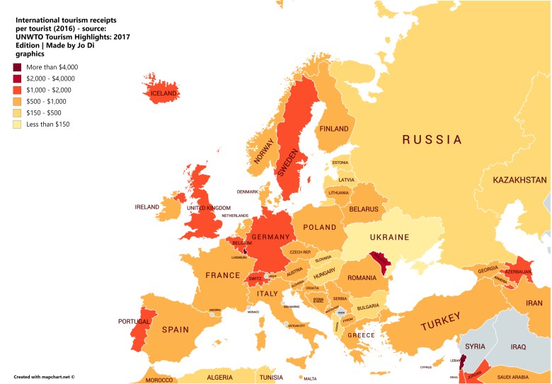 Wpływy turystyczne przypadające na jednego turystę, 2016