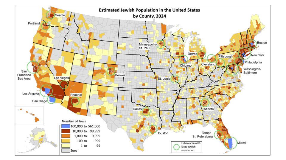 Żydzi w USA, z podziałem na hrabstwa, 2024