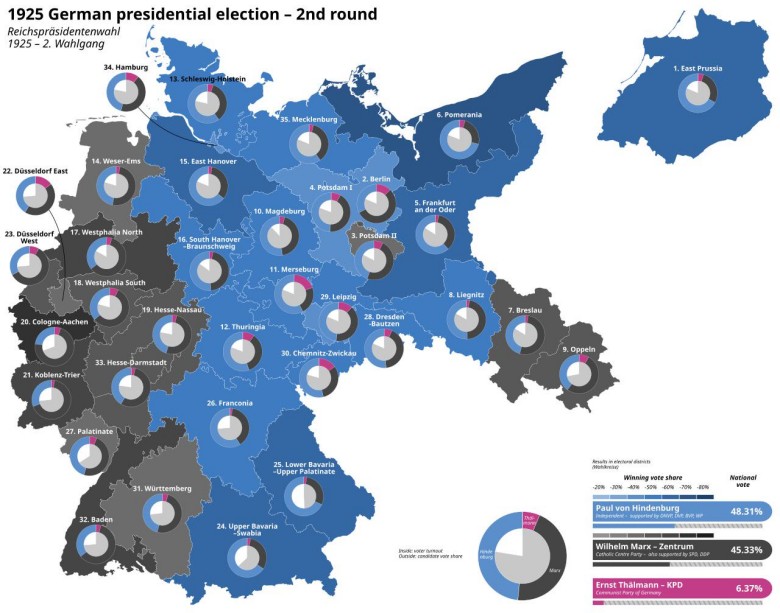 Mapa wyborów prezydenckich w Niemczech w 1925 r. - 2. tura