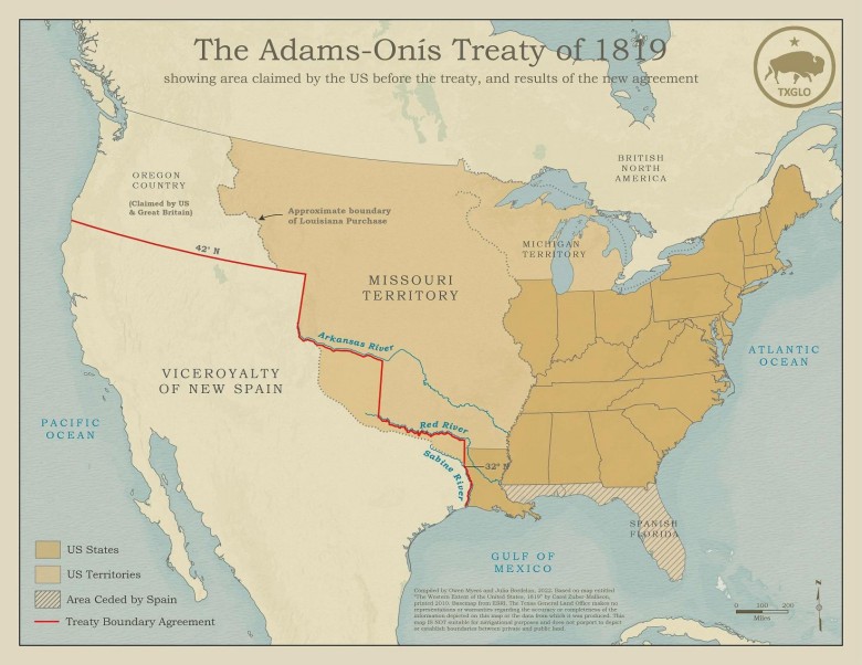 Mapa Ameryki Północnej po traktacie Adams-Onís, 1819