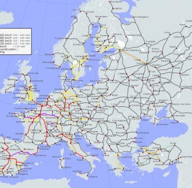 Mapa kolei dużych prędkości w Europie