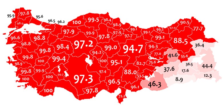 Mapa języka tureckiego jako języka ojczystego w spisie z 1965 roku