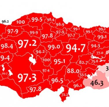 Mapa języka tureckiego jako języka ojczystego w spisie z 1965 roku