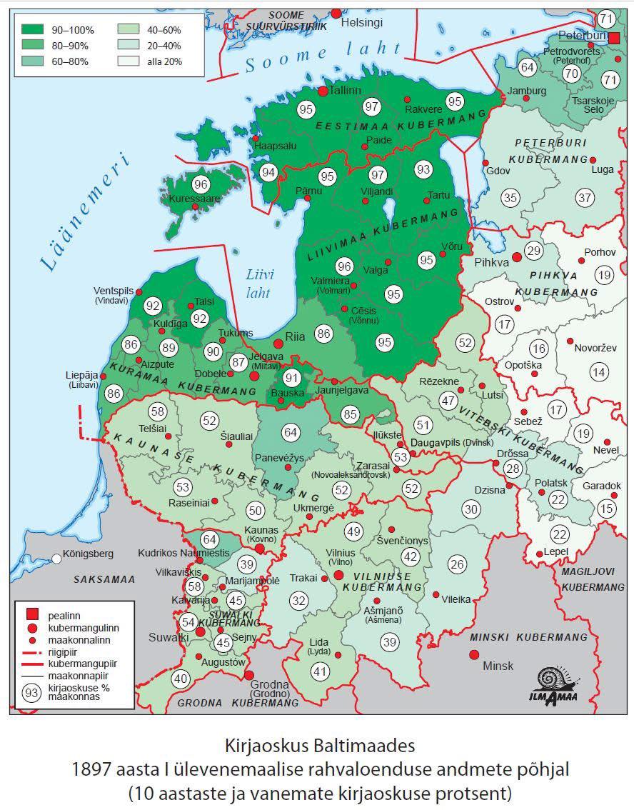 Umiejętność czytania i pisania (analfabetyzm) w guberniach bałtyckich Imperium Rosyjskiego, 1897 r.