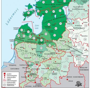 Umiejętność czytania i pisania (analfabetyzm) w guberniach bałtyckich Imperium Rosyjskiego, 1897 r.