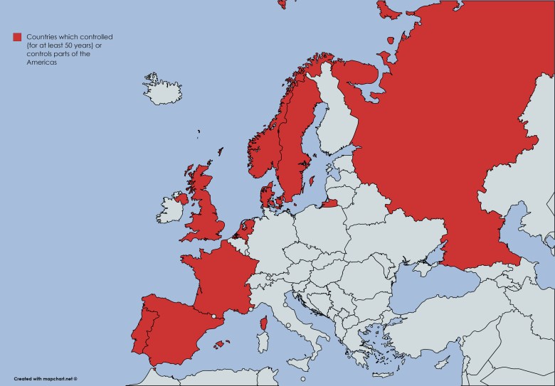 Kraje europejskie, które kontrolowały (przez co najmniej 50 lat) lub kontrolują część obu Ameryk