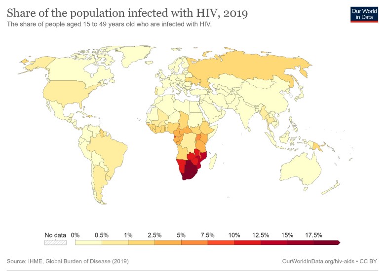Odsetek zarażonych (dorosłych) wirusem HIV (AIDS) na świecie, 2019