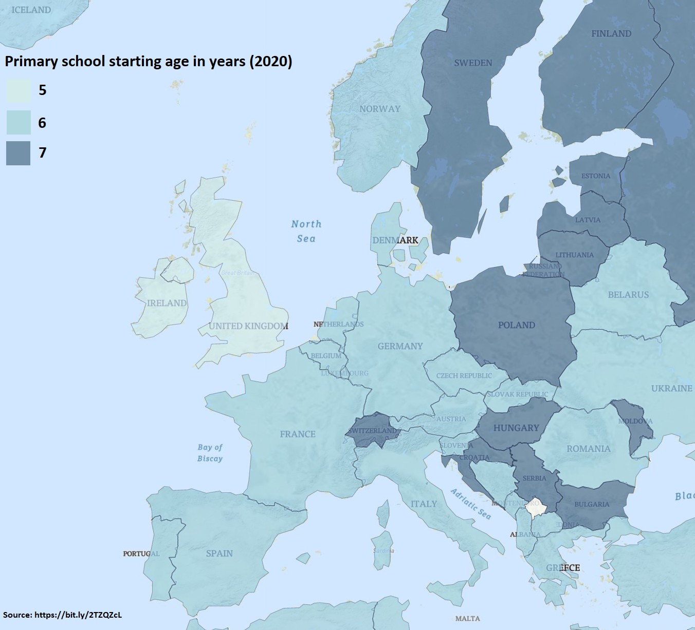 Wiek rozpoczęcia szkoły podstawowej w Europie, 2020