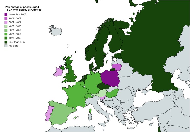 Odsetek 16-29-letnich Europejczyków, którzy identyfikują się jako katolicy