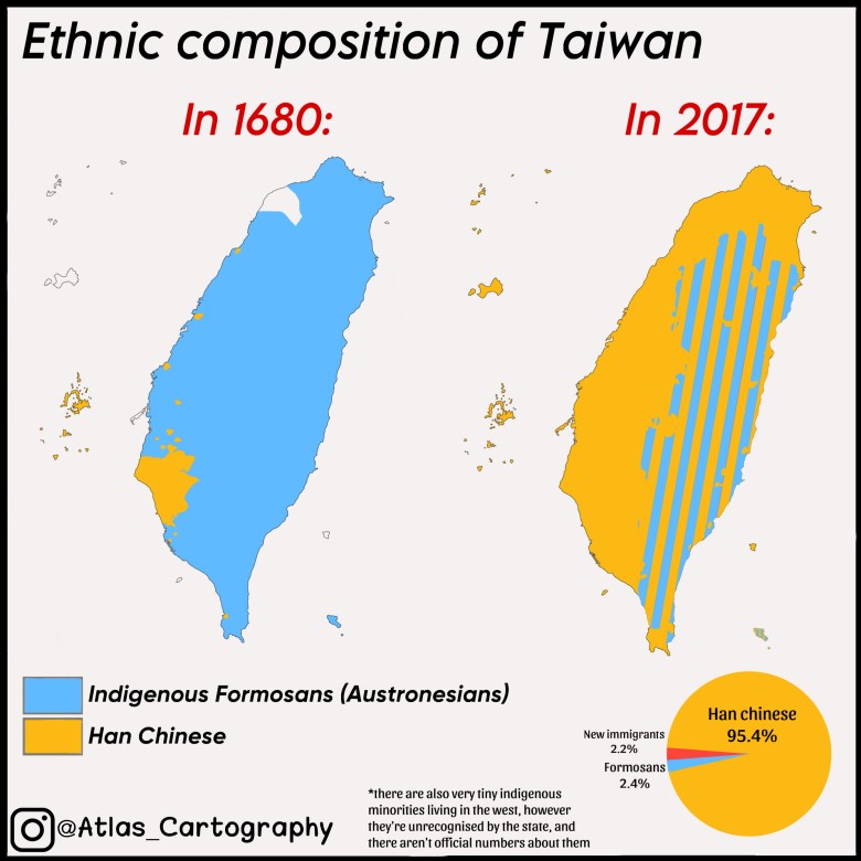 Mapa etniczna Tajwanu z 1680 roku i 2017