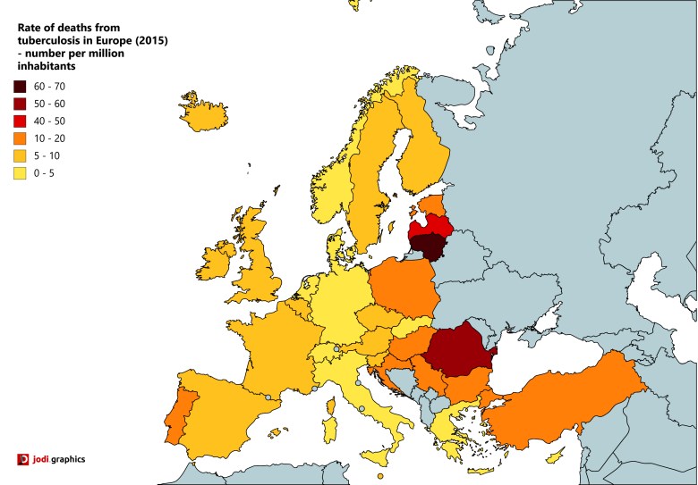 Liczba śmiertelnych przypadków gruźlicy na milion mieszkańców w Europie w 2015 roku