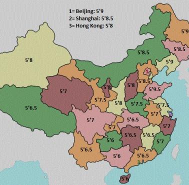 Średnia wysokość 18-letnich Chińczyków według regionów, 2015