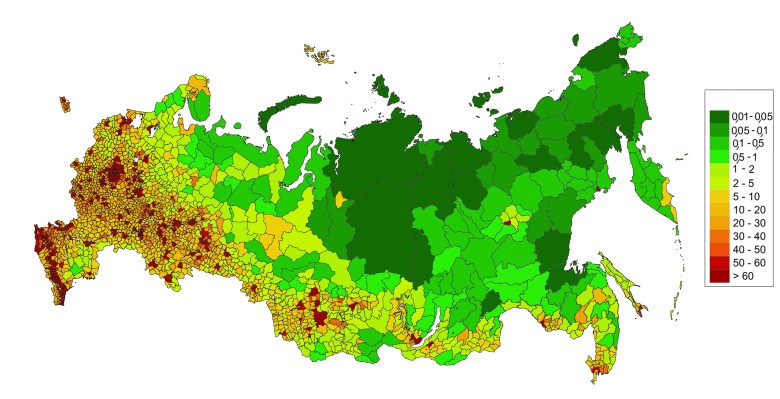 Gęstość zaludnienia w Rosji w 2013 roku