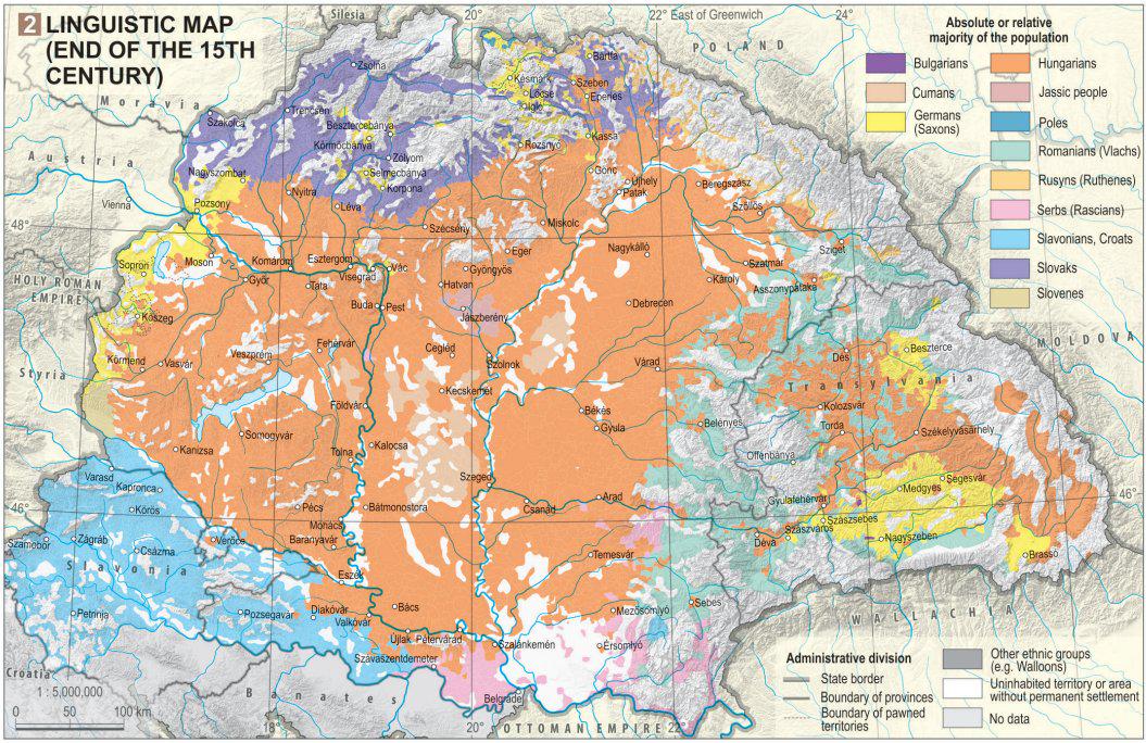 Mapa językowa Węgier pod koniec XV wieku