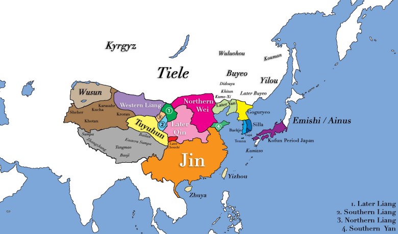 Mapa Azji Wschodniej w 400 r. n.e.