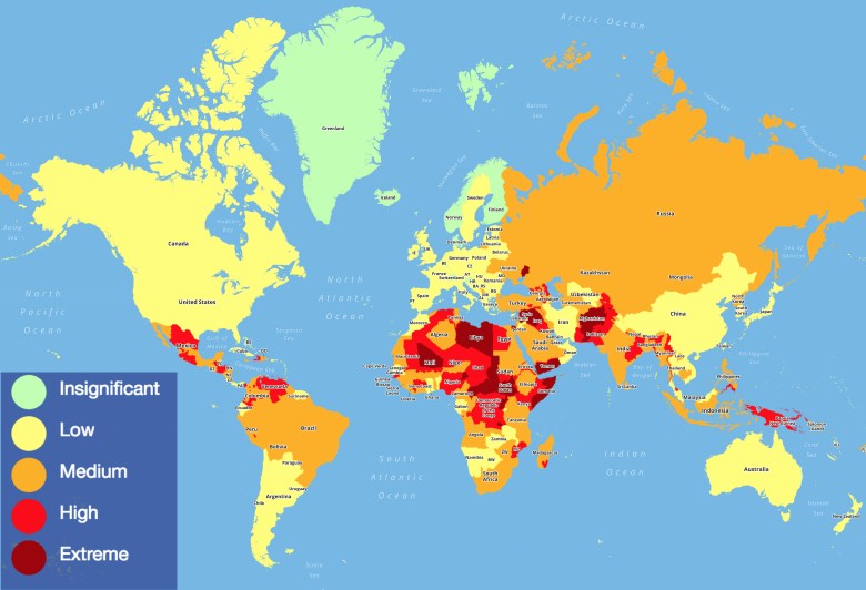 Międzynarodowa mapa ryzyka podróży do poszczególnych krajów świata