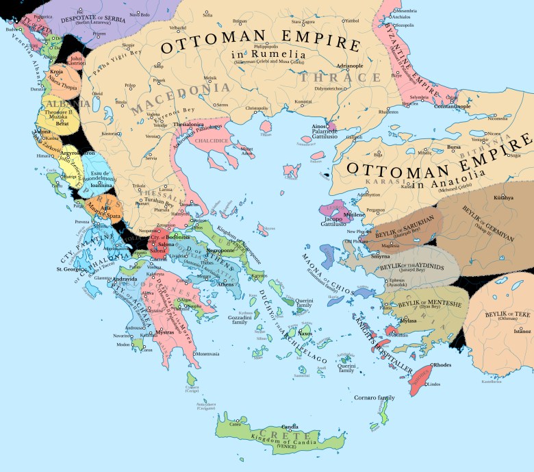 Mapa południowych Bałkanów i zachodniej Anatolii w 1410 roku