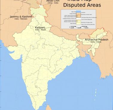Indyjskie granice z zaznaczonymi spornymi terenami