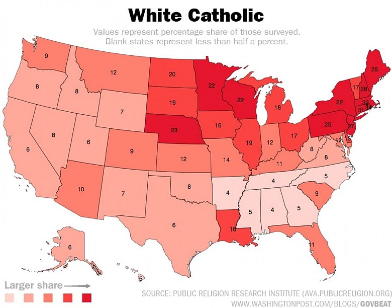 Procent białych katolików według stanów USA