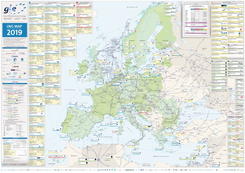 Mapa infrastruktury i rurociągów gazu ziemnego w Europie, 2019, GIE