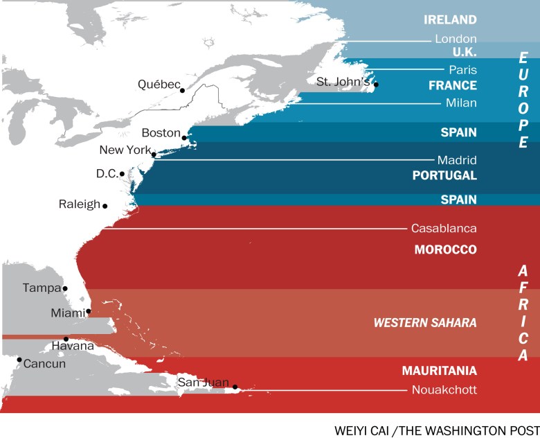 Co jest po drugiej stronie oceanu ze wschodniego wybrzeża Ameryki Północnej?