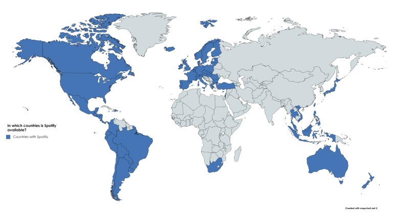 Kraje, w których dostępny jest Spotify, 2018