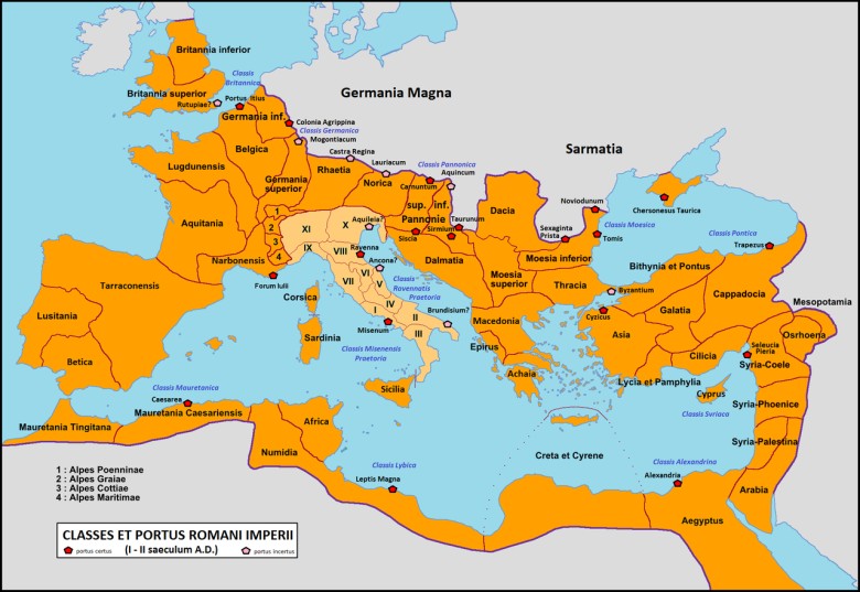 Mapa rzymskich baz marynarki wojennej w II wieku n.e.