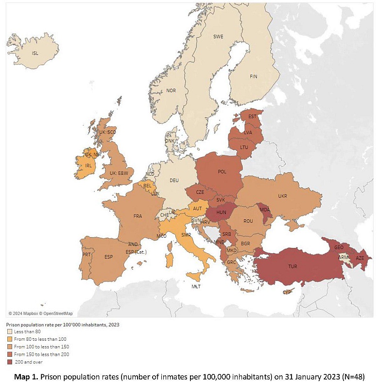 Odsetek więźniów na 100 tys. mieszkanców w Europie, 2023