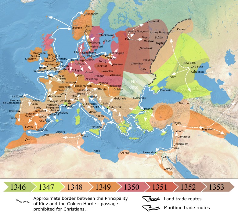 Rozprzestrzenianie się czarnej śmierci (dżumy) w Europie w XIV wieku