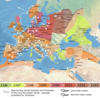 Rozprzestrzenianie się czarnej śmierci (dżumy) w Europie w XIV wieku