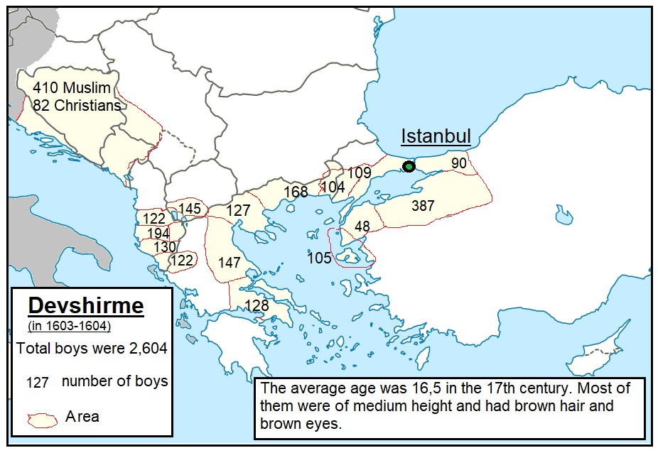 Obszary, na których imperium osmańskie zabrało janczarów, w latach 1603-1604