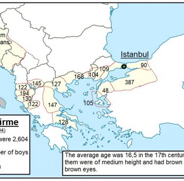 Obszary, na których imperium osmańskie zabrało janczarów, w latach 1603-1604