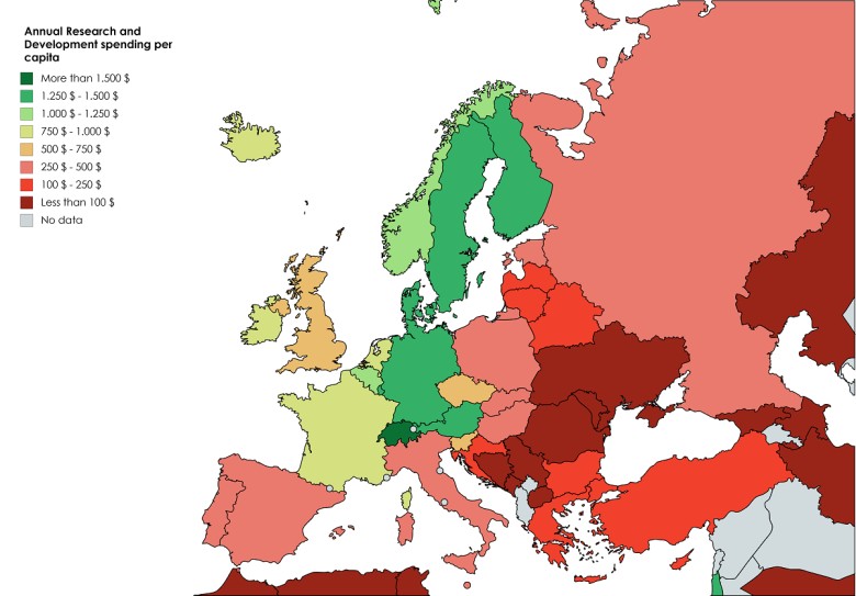 Wydatki na badania i rozwój w przeliczeniu na jednego mieszkańca w krajach europejskich